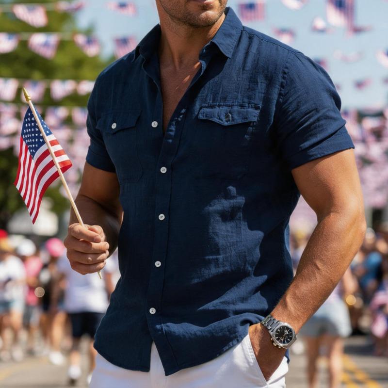 Men Linen Blend Short Sleeve Button Down Shirt With Two Chest Pockets Casual Summer Blouse