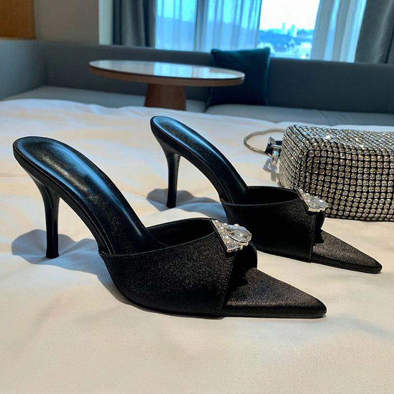 Fashion 2025 New Pointy Sexy Slippers For Women Wearing Satin Rhinester Fairy Wind Fine Heels With A Line Belt High Heels