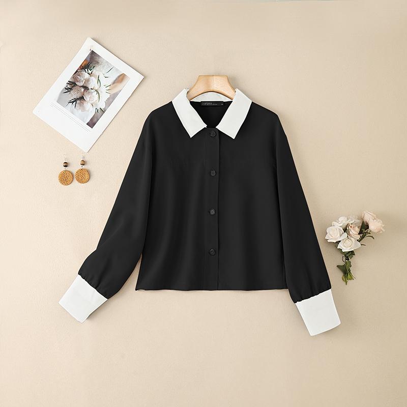 ZANZEA Bluză lejeră cu mânecă lungă, cu guler răsturnat pentru femei