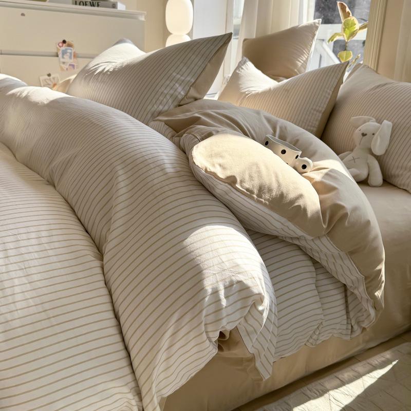 Muji-Style Striped Washed Cotton Bedding Set: Mix & Match Solid Color, Includes Duvet Cover, Bed Sheet, and Fitted Sheet. Ideal for Dorms.