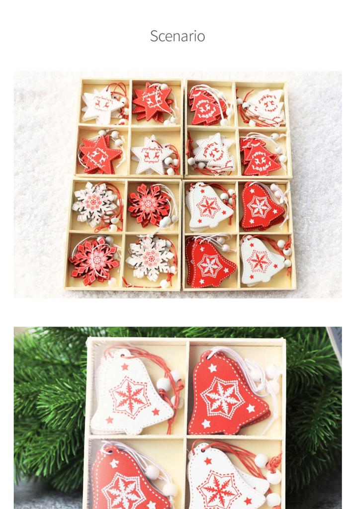 Christmas Tree Ornaments: Snowman, Wooden Horse, Tree Pendants - 4-Grid Box Set