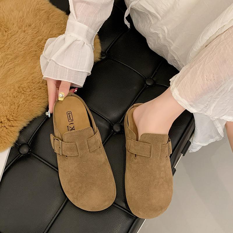Leather retro bag head half slippers women's autumn new flat-bottomed one-pedal soft-soled Boken shoes