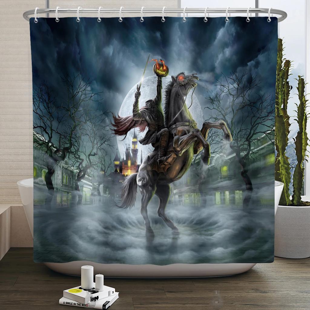 Halloween Duschvorhang Horror Mondnacht Kürbis Schädel Skelett Gruseliges Schloss Hexe Geist Friedhof Wasserdicht Badezimmervorhänge