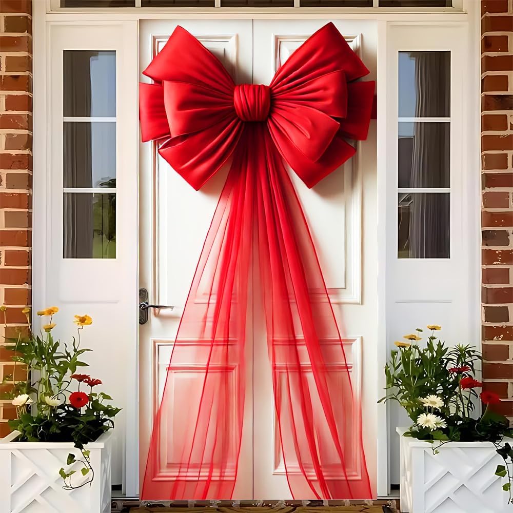 Door Banner 71 x 35 Inch Red Bow Design Holiday Celebration Theme Decorative Door Cover Elegant Ribbon Style Outdoor Door Hanging for Home Porch