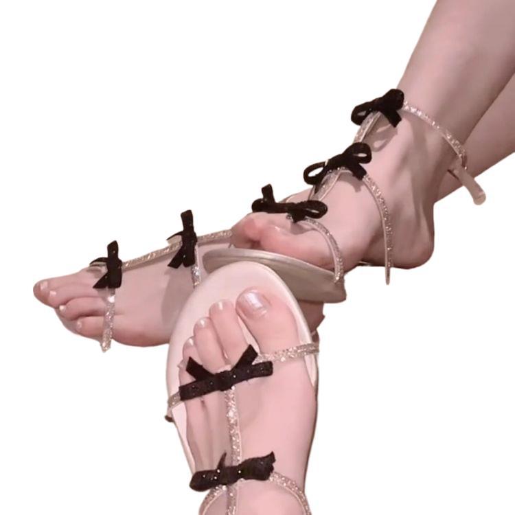 Bow Rhinestone French Beautiful Small Heel Sandals Women'S Summer Wear With Skirt Small Man Looks Tall Roman Shoes