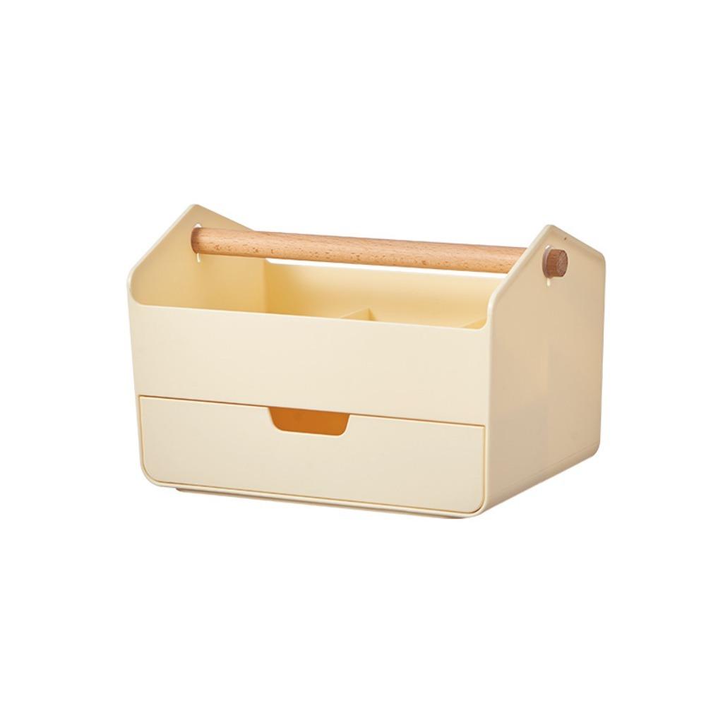 

Large Capacity Sundries Storage Container Wooden Handle Stationery Organizer Desktop Use жовтий