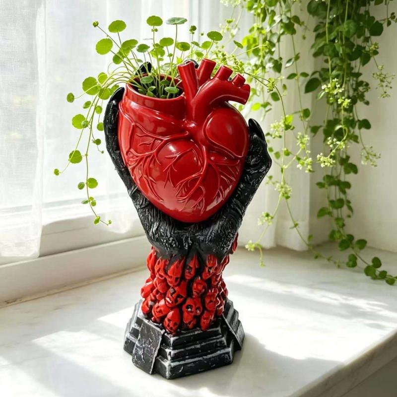 Gothic Anatomical Heart Resin Vase Unique Skull Base Perfect For Halloween Decor Dark Home Party Ornaments