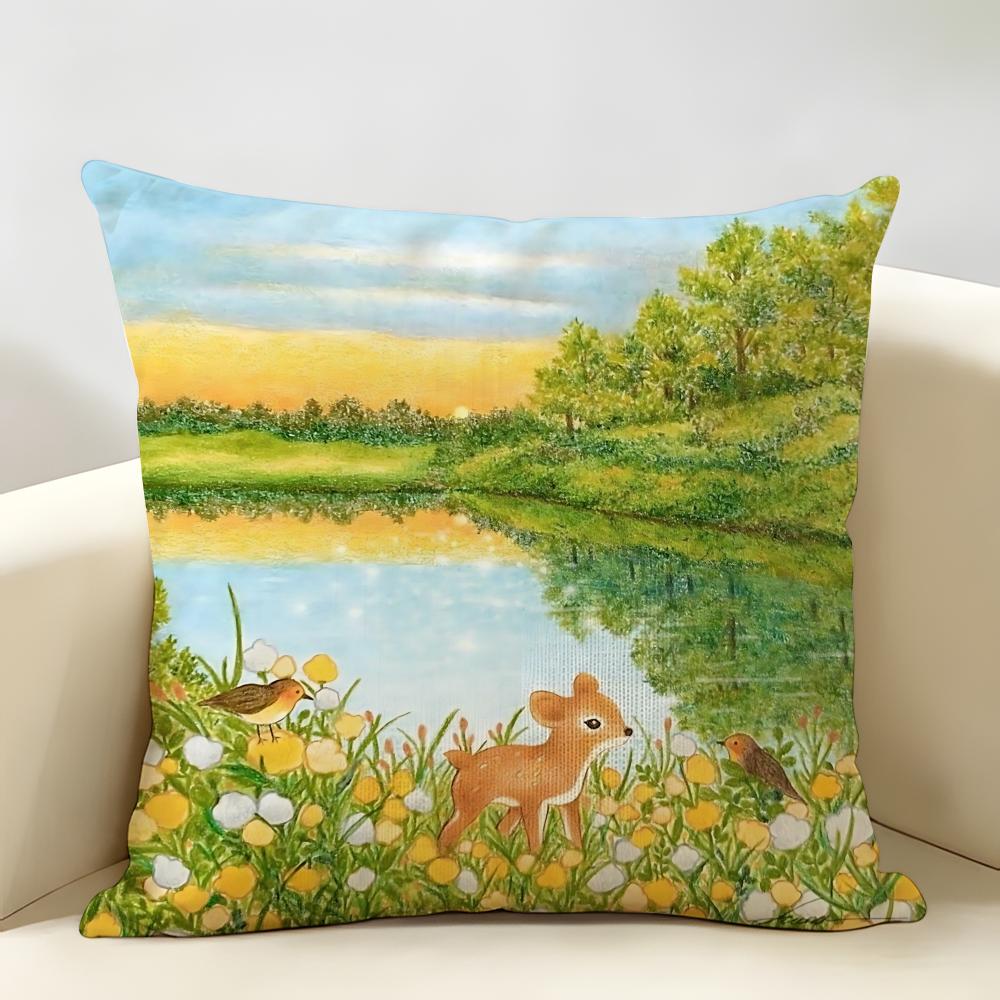 Retro Springtime Village Plants Cushion Cover Natural Linen Organic Fabric DoubleSided Printing Room Sofa Decor Pillow Case