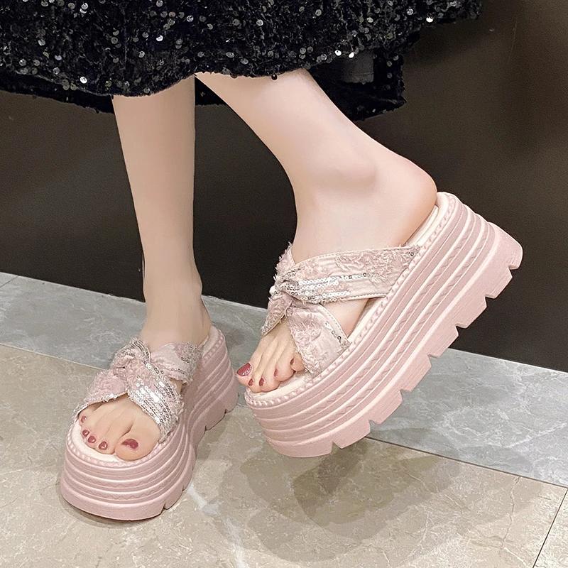 Fashion NEW Casual 8CM Wedge Slippers for Women Summer Non Slip Platform Sandals Woman Open Toe Comfortable Female Chunky Beach Slippers