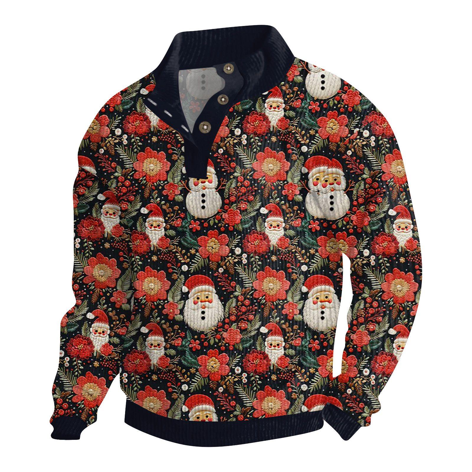 

Мужская рождественская хлопковая рубашка-пуловер с длинным рукавом для активного отдыха, винтажная вельветовая рубашка с воротником-стойкой и пуговицами, повседневная толстовка с рождественским принтом S чёрный