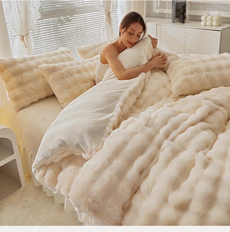 Winter Plush Bunny Fur Bedding Set: Double-Sided Milk Velvet and Coral Fleece Duvet Cover with Skirt