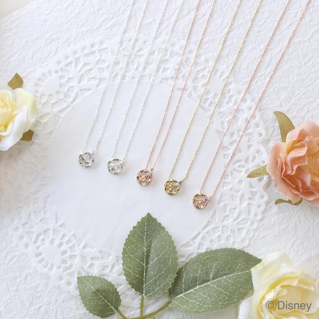THE KISS Disney Princess Belle Silver Necklace 40cm DI-SN542CZ - Women's Double Ring with Rose Motif, Gift Box & Message Card