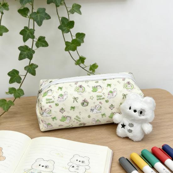 Pencil Case Green Kitten Print Large Capacity Stationery Organizer Smooth Zipper Closure