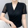 Streetwear Girl Summer Chic Beading Clothes Mesh T-Shirts Sexy V-neck Women's Tops New Casual Short Sleeve Tees