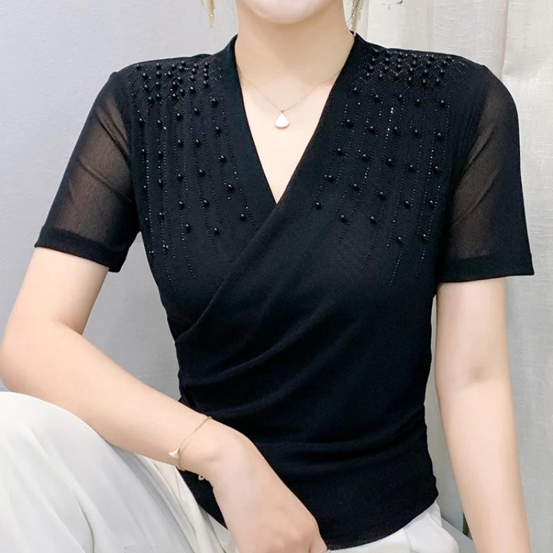Streetwear Girl Summer Chic Beading Clothes Mesh T-Shirts Sexy V-neck Women's Tops New Casual Short Sleeve Tees
