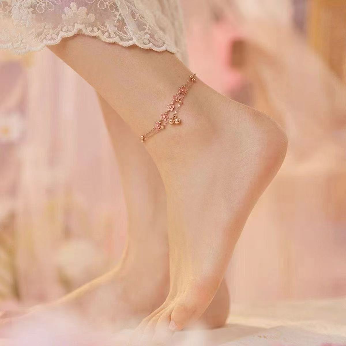 Pink Peach Blossom Anklet Female Sweet Girl Heart Foot Chain New Chinese Style
