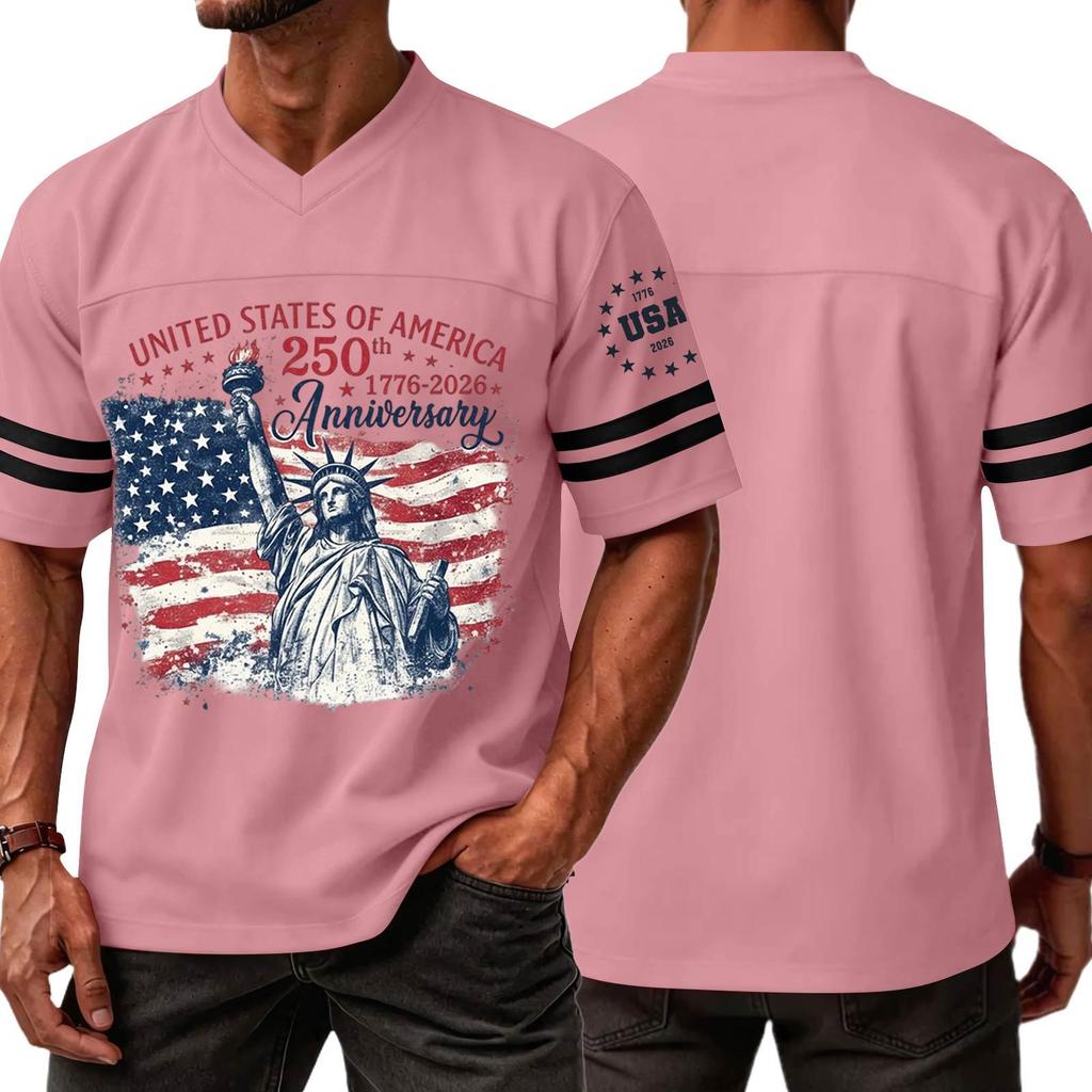 Mens V Neck Short Sleeve Jersey Style T Shirt with States 250th Anniversary Print and Flag Graphic