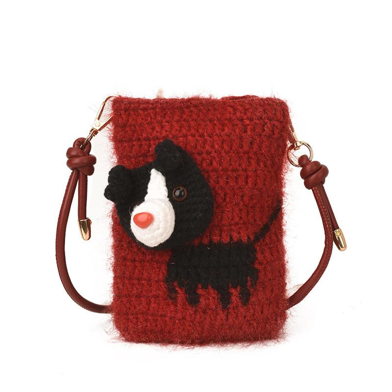 Handmade Knit Dog Pattern Shoulder Bag With Cell Phone Pocket For Casual Daily Use