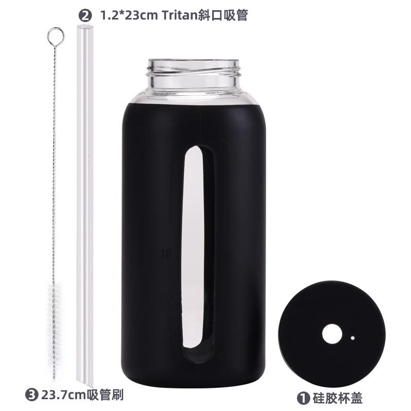 Szklany Silikonowy Pokrowiec Skala Czasowa Kubek na Wodę ze Słomką 800 ml Duża Pojemność Przenośny Kubek Outdoorowy