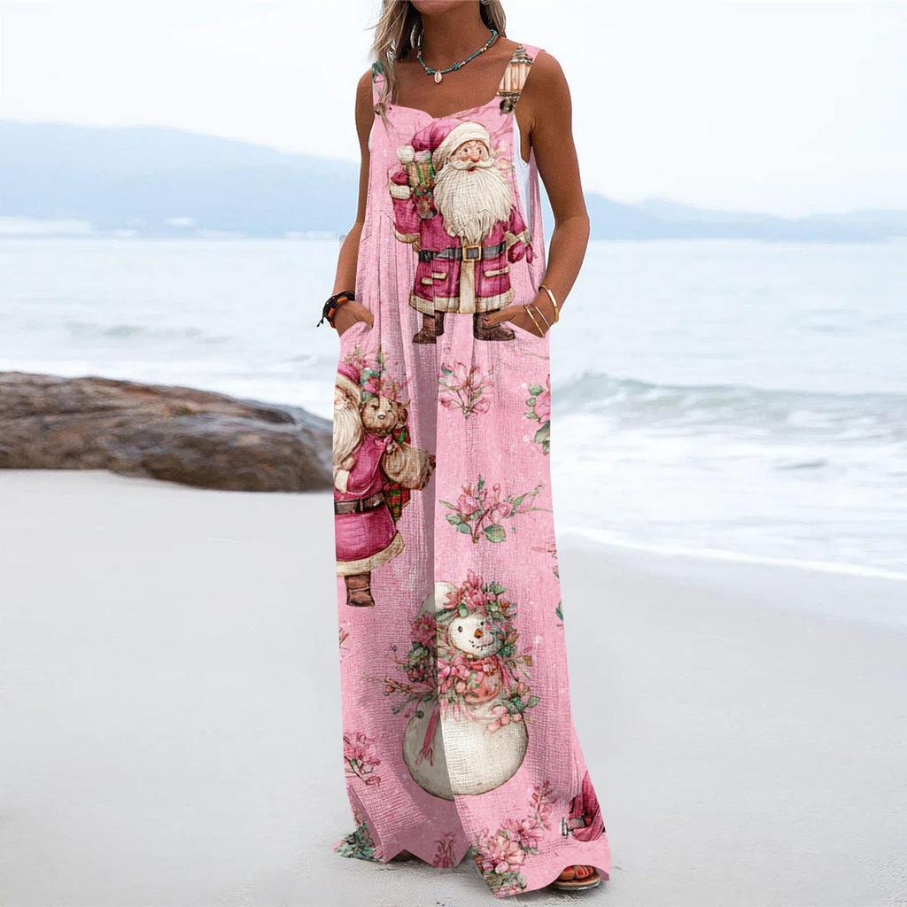 Women's Christmas Print Solid Wide Leg Strapless Tank Pocket Casual Onesie