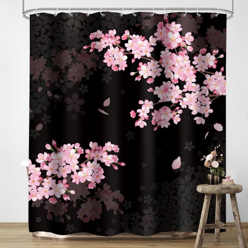 Black Cherry Blossom Shower Curtain Sakura Pink Floral Blooming Flower Spring Japanese Asian Aesthetic Fabric Waterproof
