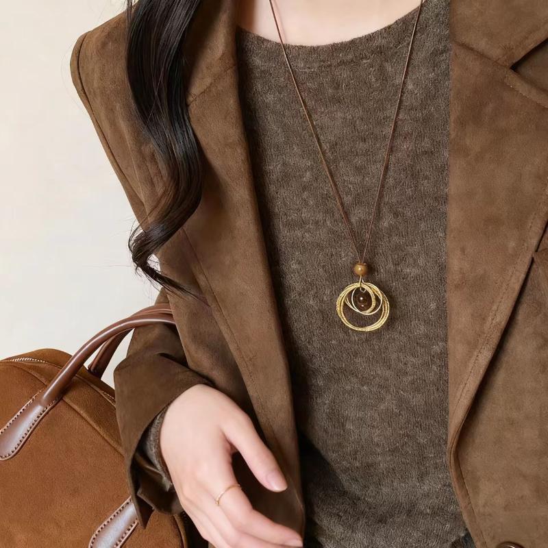 Vintage Brown Tiger Eye Stone Pendant Necklace For Women Fashion Long Rope Sweater Chain Necklaces