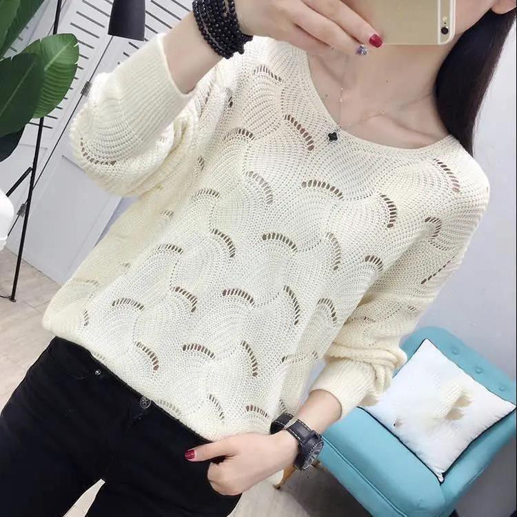 Осенний V-образный вырез, элегантный, ажурный, милый вязаный топ, женский, однотонный, повседневный, универсальный свитер, женский корейский пуловер XXXXL белый