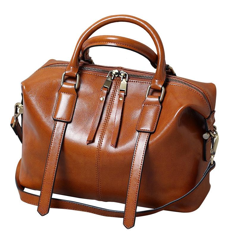 Spring and Summer Hand-carrying Retro European and American Leather Boston Women's Bag Trendy Leather One-shoulder Crossbody Bag