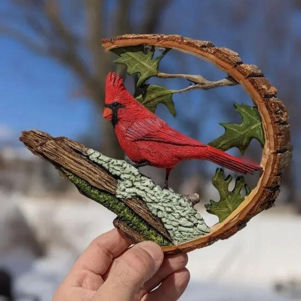 Creative Resin Linnet Figurines Handmade Semicircle Vibrant Red Bird Durable Engraving Red Bird Statue for Home