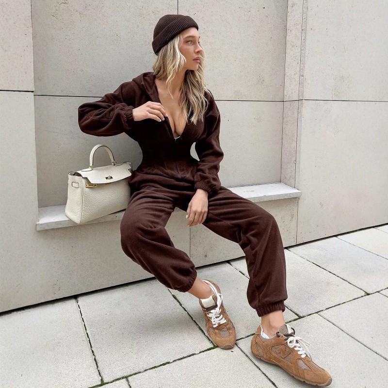 Womens 2026 Fall Winter Hooded Jumpsuit Long Sleeve Relaxed Fit Fleece Romper With Cinched Waist Cuffed Ankles