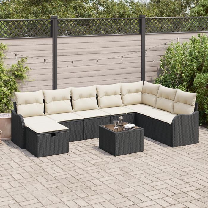 Canapé de Jardin 9 Pièces avec Coussins Rattan Noir, Canapé de Jardin 2 Places avec Coussins Rattan Noir 3359036