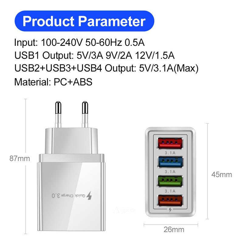 4-Port 3A USB Mobile Charger with LED - EU, US, UK Standards, Tablet-Compatible