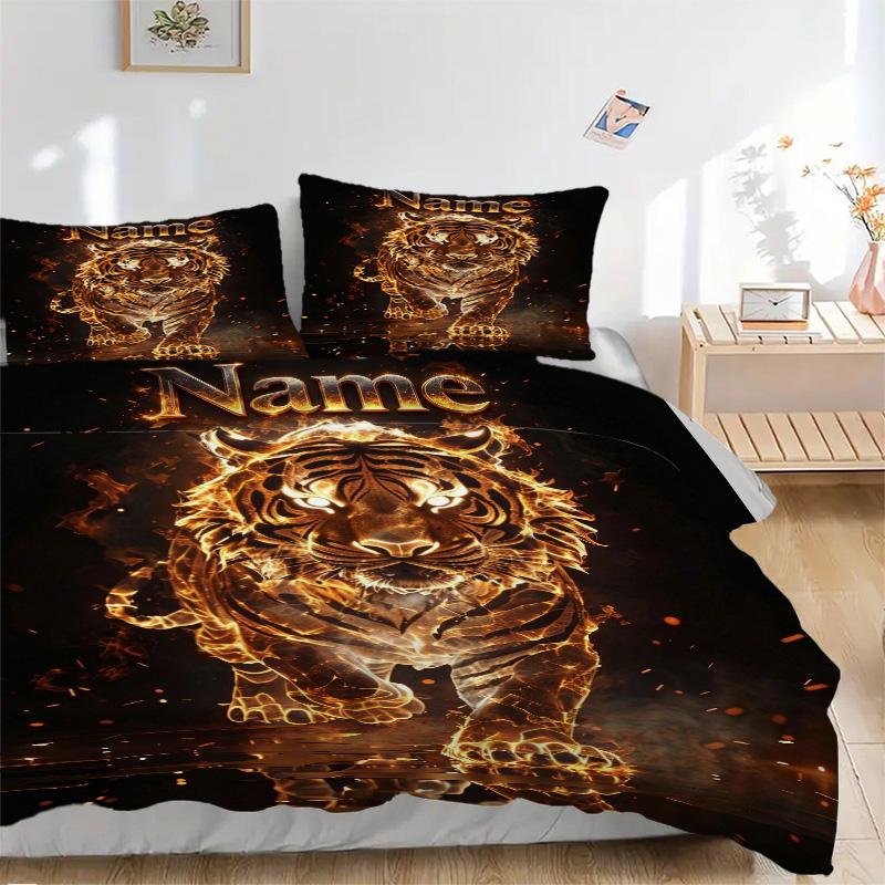 Custom Name Fire Tiger Bedding 3 Piece Set HD Print Duvet Cover Pillowcases for Teens Adult Bedroom Decoration Christmas Gift