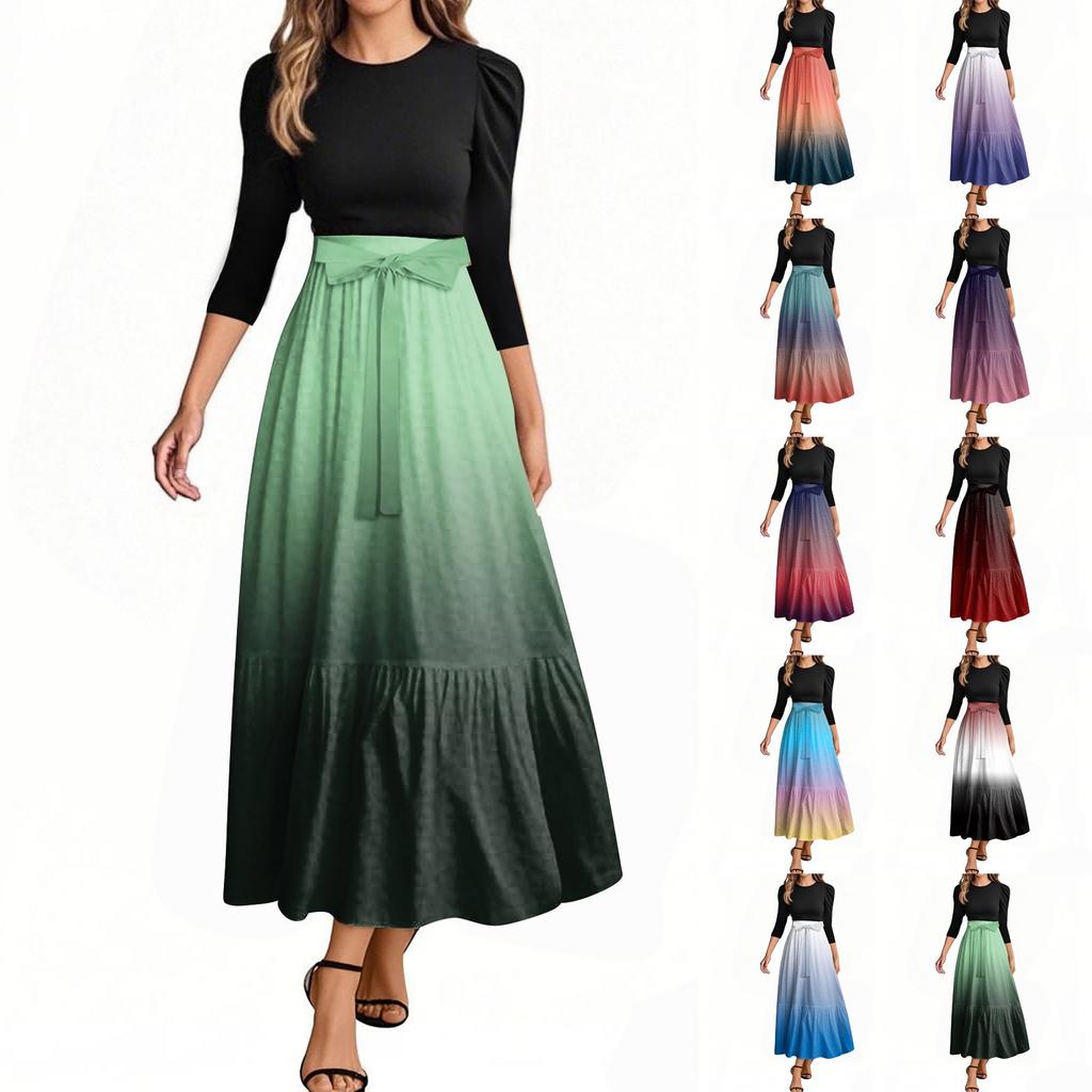 Women's Fashion Casual Belt Round Neck Gradient Splicing Elegant Temperament Three-quarter Sleeve Dress