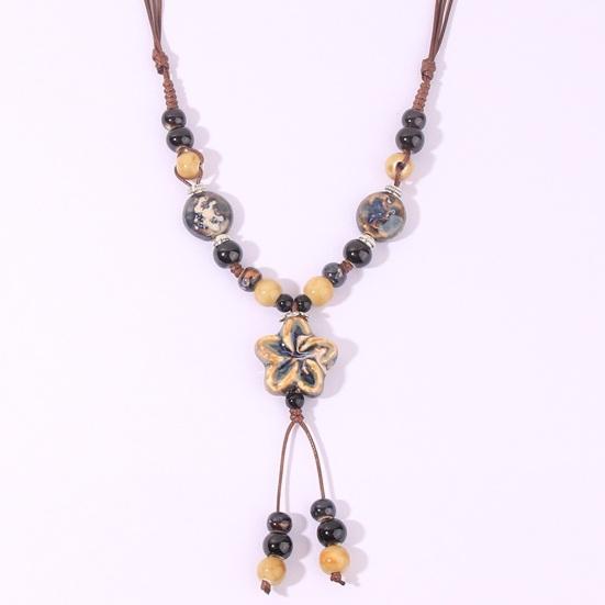 Vintage Bohemian Ceramic Bead Necklace Braided Rope Flower Long Y Necklace Handmade Retro Jewelry Gift for Women