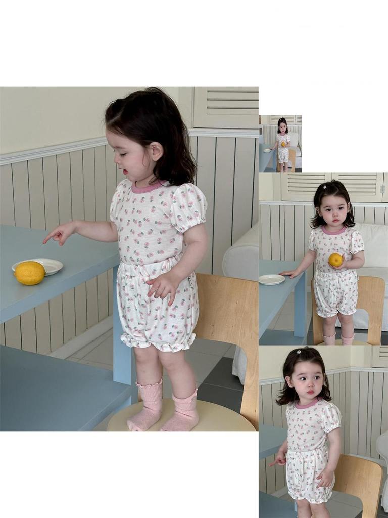 Niedliches Sommer-Pyjama-Set für Mädchen im koreanischen Stil, leichtes Outfit mit floralem Print und Shorts