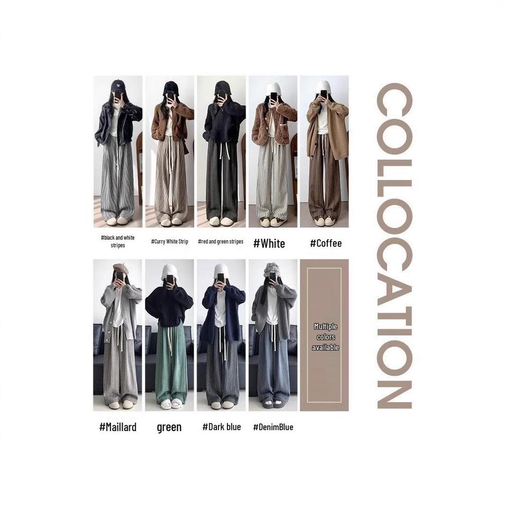 Women's Petite 145cm Black Stripe Wool Wide-Leg Pants - Retro Autumn/Winter Casual Stroll