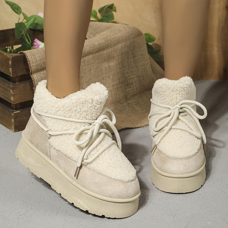 Women's Winter Plush Furry Collar & Cuff Short Boots - Beige Round-Toe Lace-Up Snow Boots with TPR Sole, Warm Cozy Traction Tires for Ice & Snow