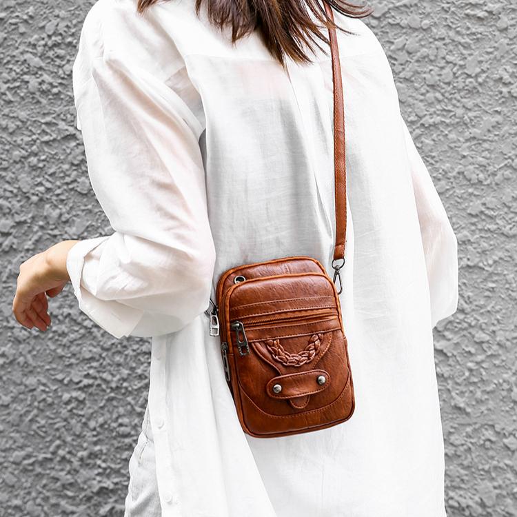 Skulderveske crossbody, mobiltelefonveske, mykt skinn, westernstil, moden mote, retro liten veske