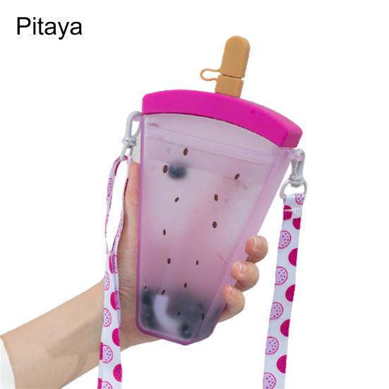 320ml Large Capacity Orange Water Bottle Hanging Band Fruit Design Watermelon Plastic Strap Straw Water Cup Summer