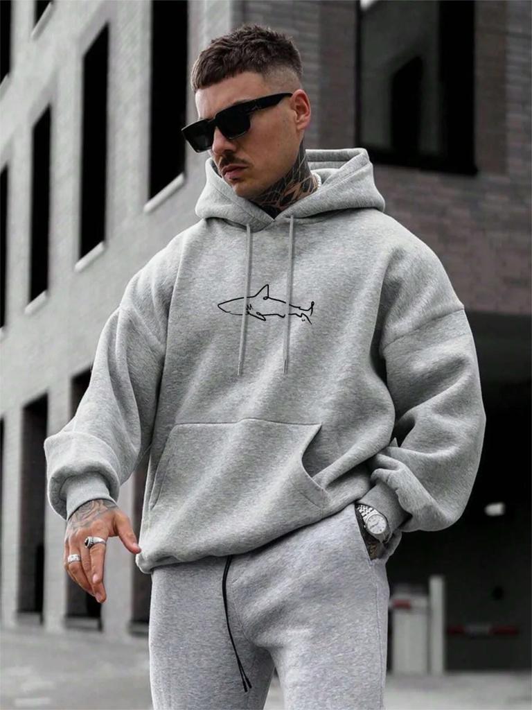Simple Shark Printing Hoodie For Unisex Kangaroo Pocket Drawstring Pullovers Thermal Fleece Warm Sweatshirts Autumn Casual Clothes