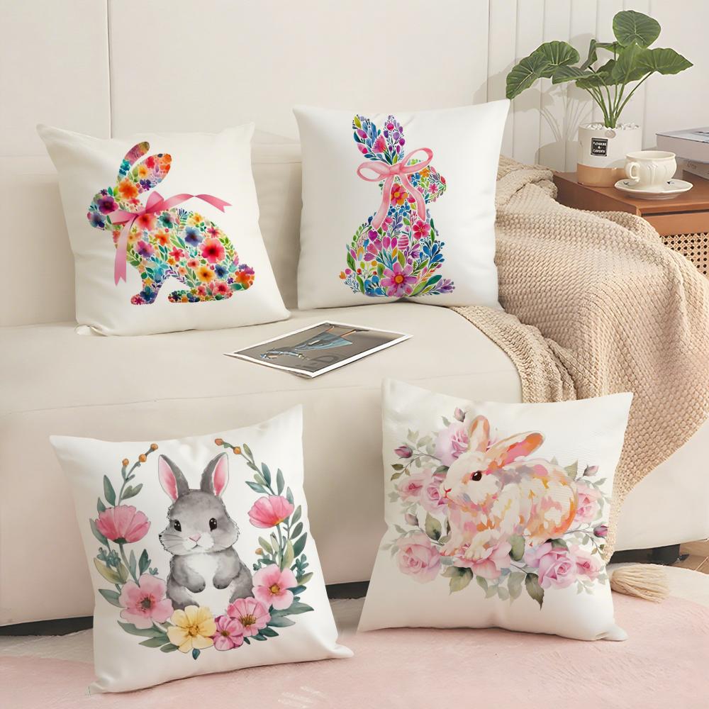 Cute Easter Bunny Cushion Cover Short Plush Doublesided Print Square Throw Pillow Covers Sofa Home Cushion Decor