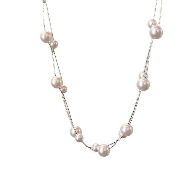 Gypsy Double Stacked Wearing Imitation Pearl Necklace Femininity Fashion Size Pearl Collarbone Chain French Retro Neck Chain