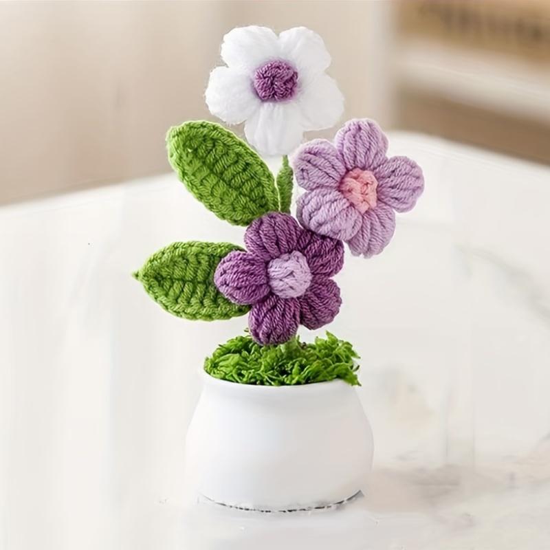 2Pcs Crochet Bonsai Artificial Flowers Charming Knitted Flower Decorations, Suitable for Home and Holiday Decorations, Fabric Desktop Flower Display