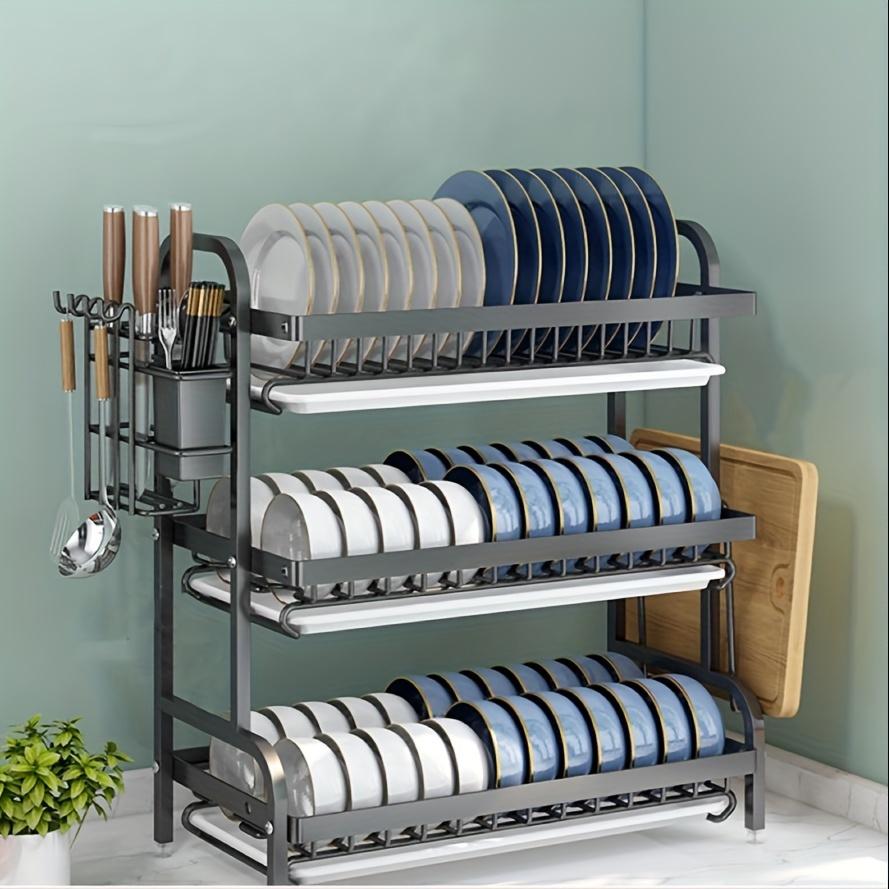 1 Set Carbon Steel 3-Tier Bowl Dish Rack, with Drying Tray, Large Capacity, for Kitchen Storage, Holding Plates, Bowls, Utensils and Cutting Board