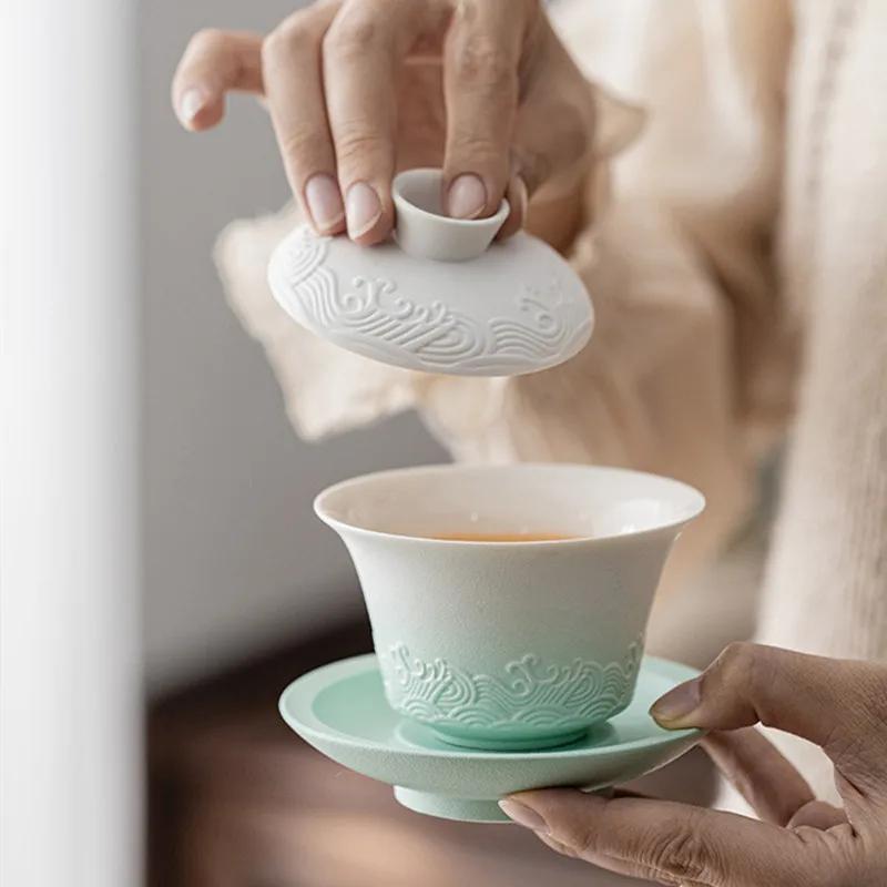 150ml Traditionelle Chinesische Keramik Gaiwan Teetasse Handgefertigt Meereswellen Teeschale Haushalt Schönheits Tee-Infuser Reise Tragbares Teegeschirr