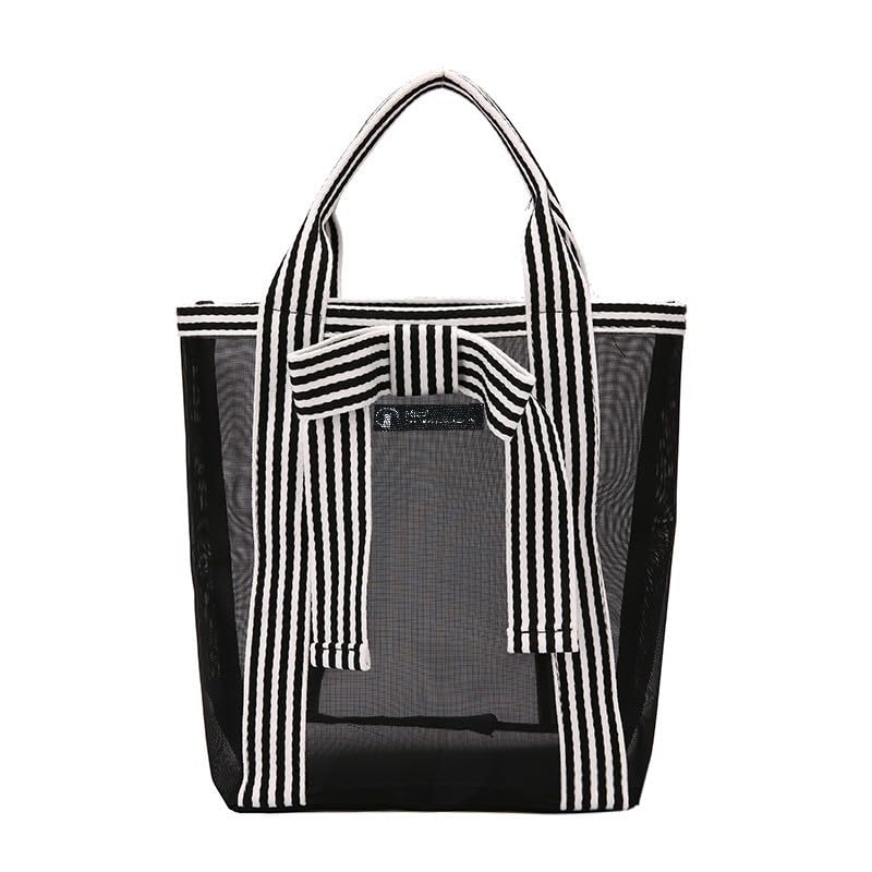 

Mies Ribbon Mesh Tote Bag, 3 Sizes (SML), PVC Material, Striped Handles, Breathable, Black, Diaper Bag, Lunch Bag, Shopping Bag, Cosmetic Bag (Large)