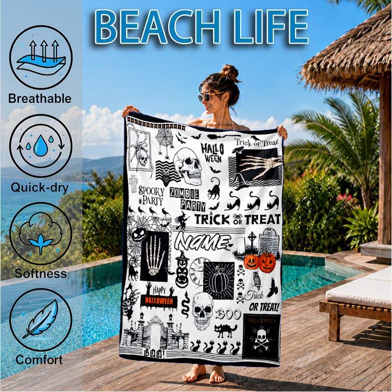 Custom Name Halloween Horror Movie Beach Towel Microfiber Beach Towel, Lightweight and Quick-Dry, for Summer Travel, Swimming Pool Gift