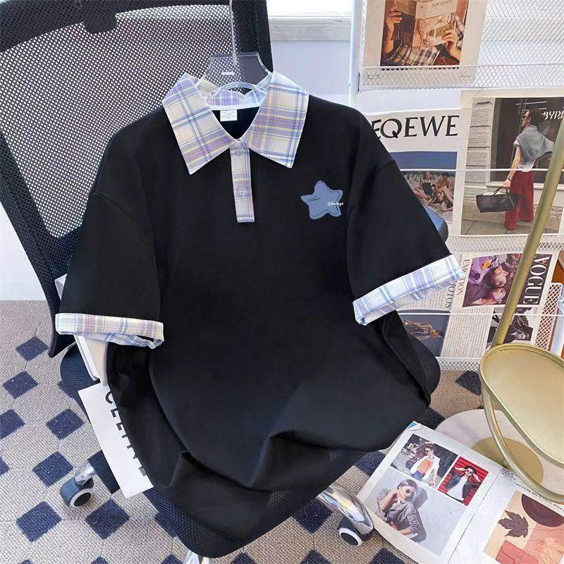 Niche summer American fashion shoulder sleeve polo collar short sleeve T-shirt men and women couples plaid ins top