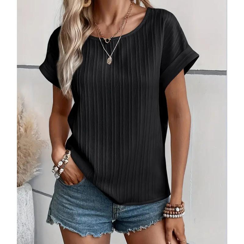 YYFS Camicette e camicie con scollo a maniche corte, stampa tinta unita, primavera estate, moda casual da donna
